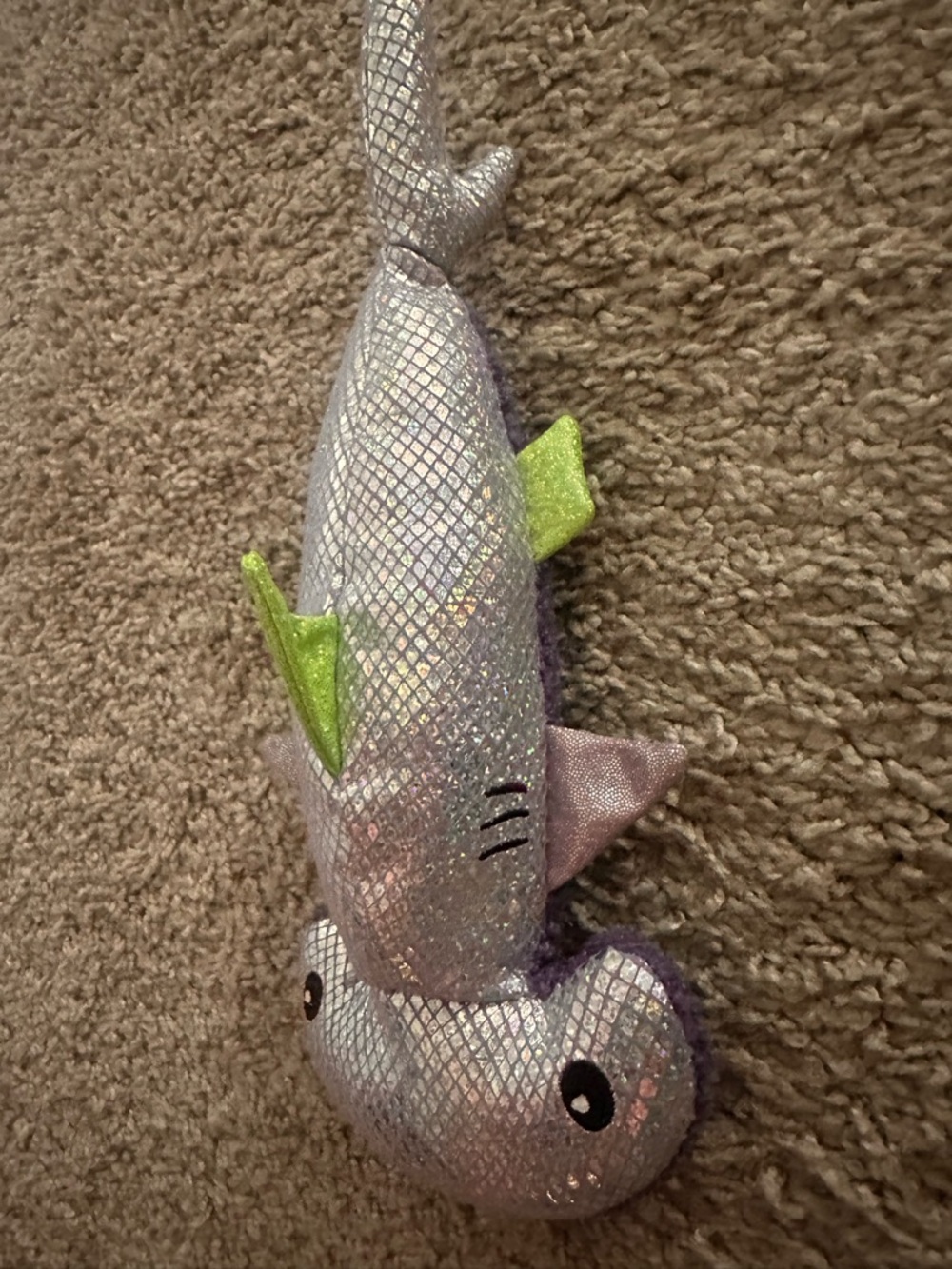 Plush Hammerhead Cat Toy - Iridescent Purple with Green Fins - Picture 2 of 5